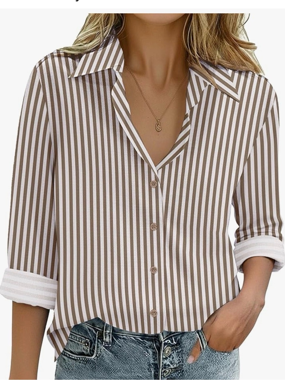 Striped Brown and White Button-Down Shirt
